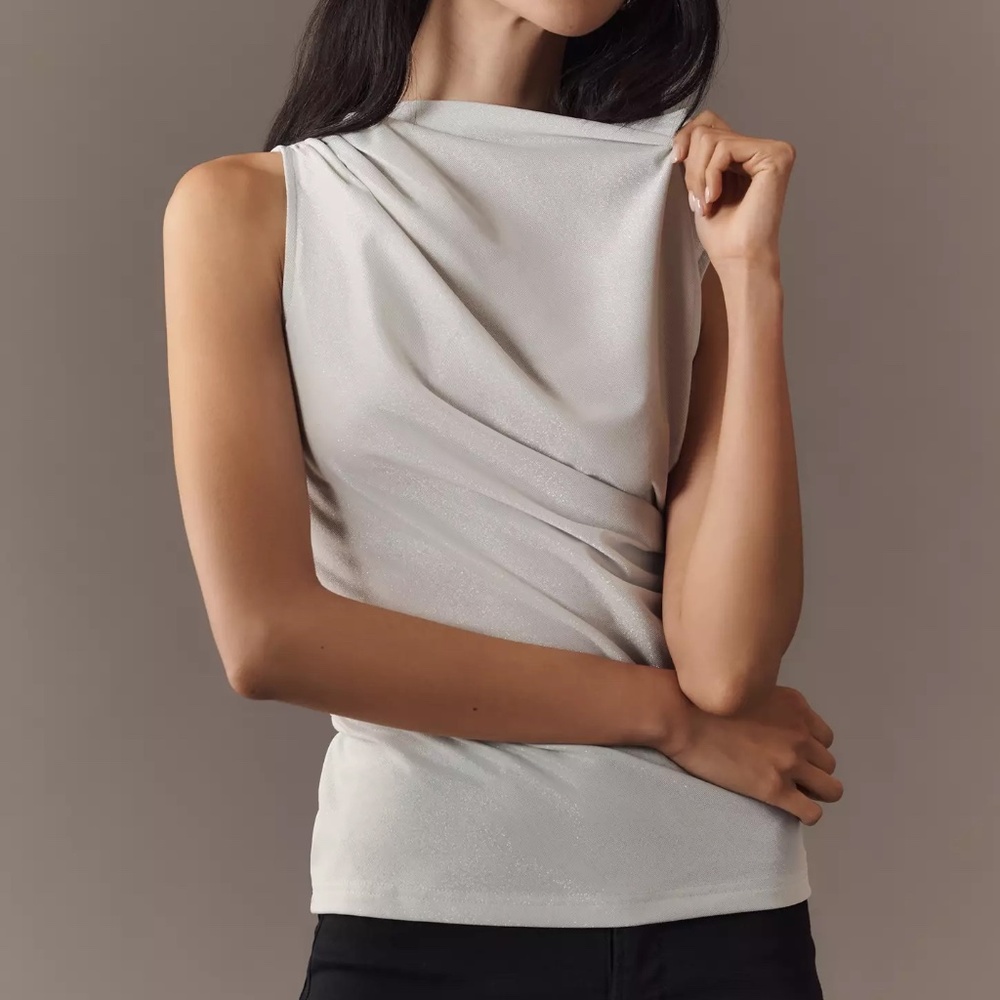 Anthropologie Dolan Left Coast Mock-Neck Shine Top Silver Blouse XL NWT